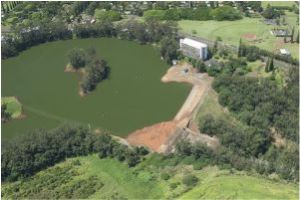 Aerial view of Wahiawa Reservoir, with the spillway at center